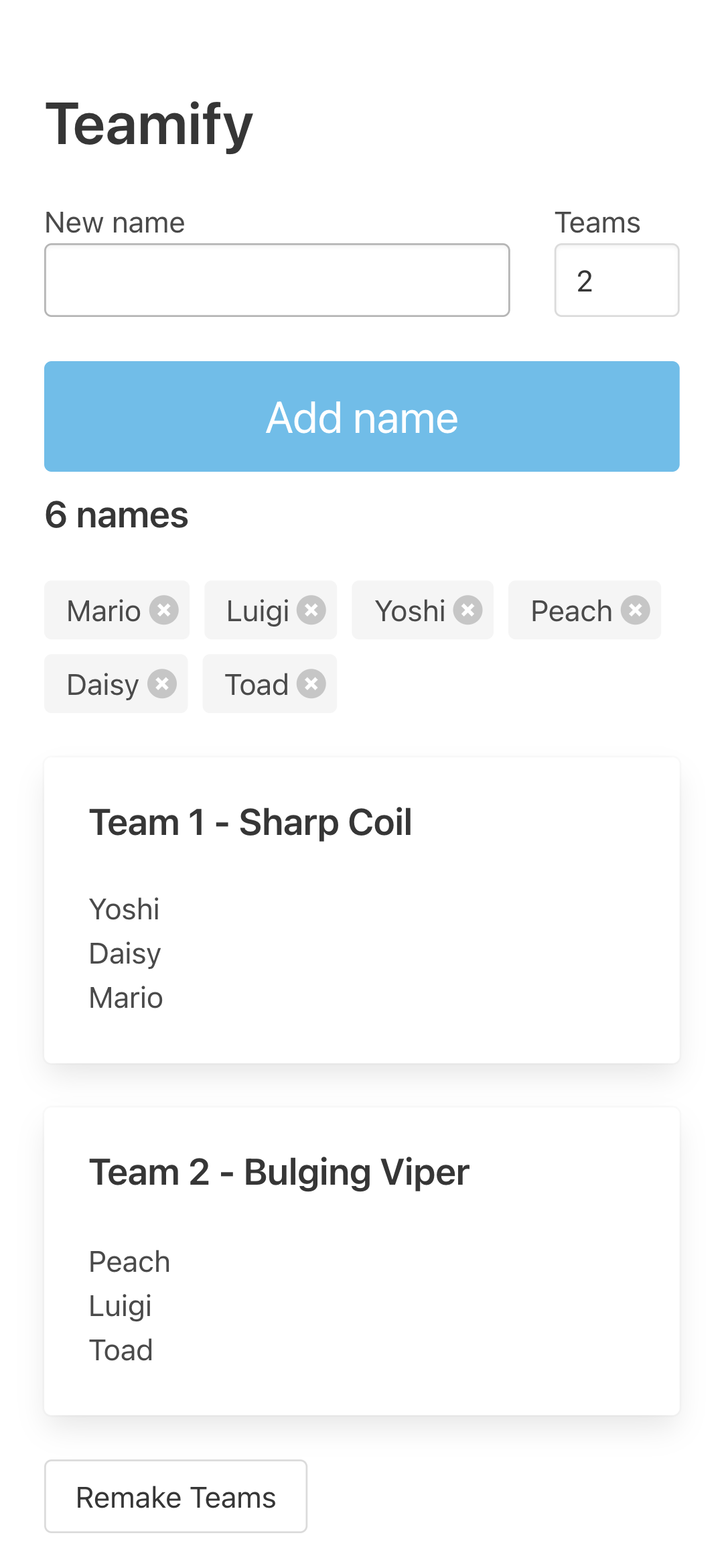 Teamify app with two teams generated from six names
